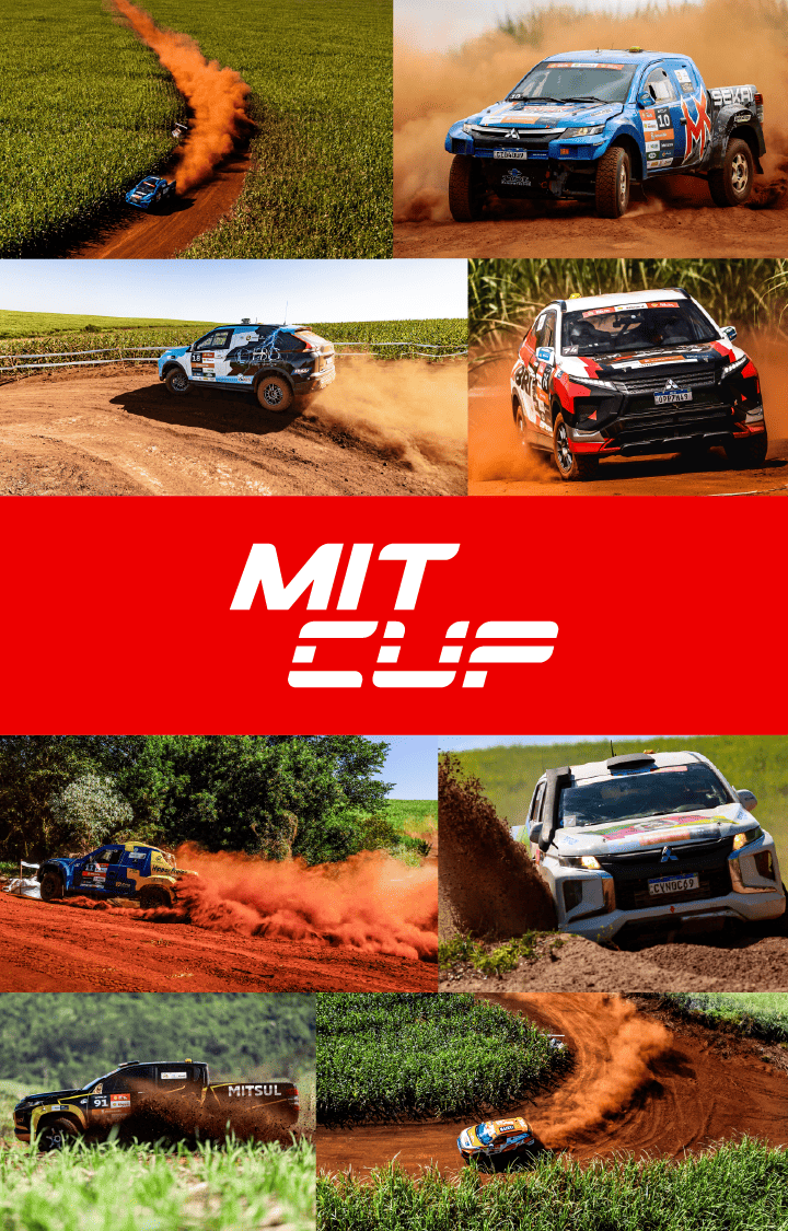 Foto de um veículo Mitsubishi em uma estrada de terra participando da MIT Cup e no centro da imagem temos escrito em branco MIT CUP