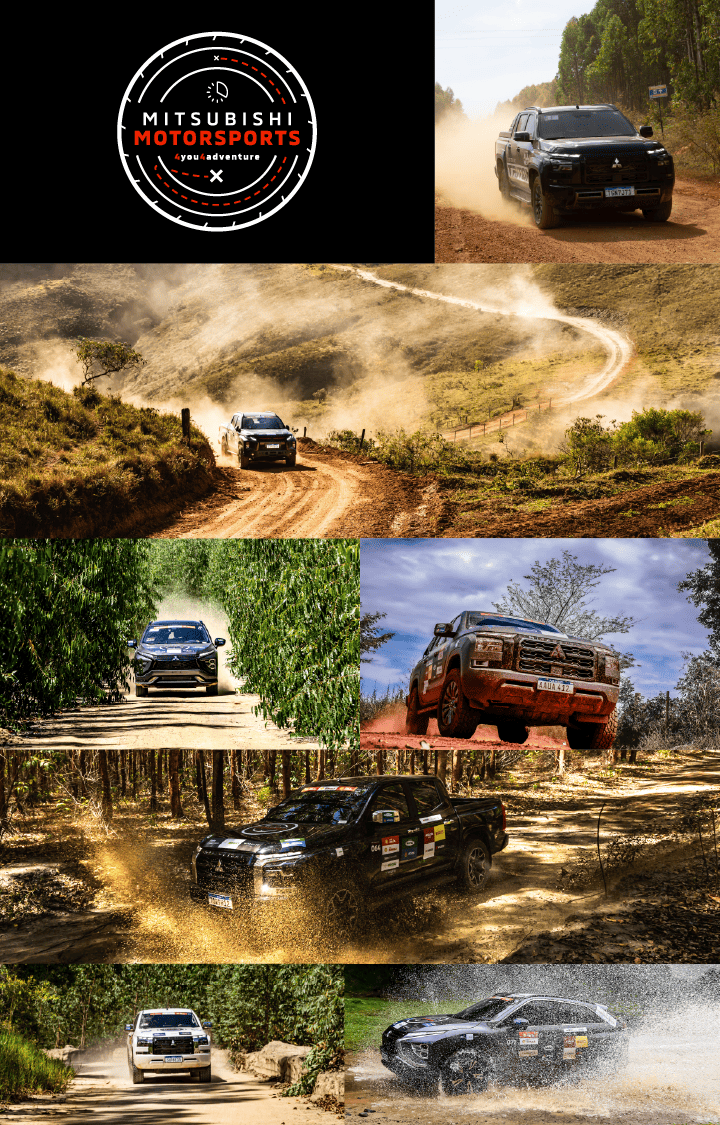 Foto de uma das etapas do Rally Mitsubishi Motorsports onde temos um Mitsubishi andando em uma estrada de terra