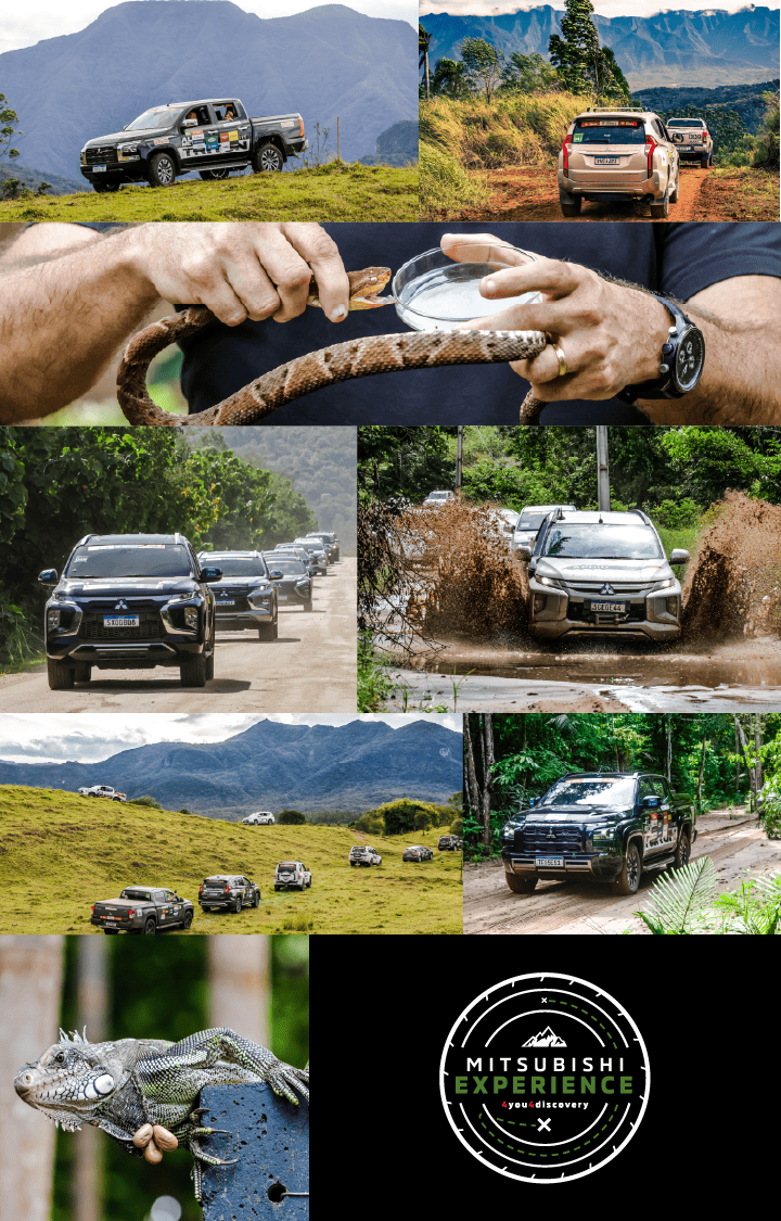 Foto de uma estrada de terra com um veículo da Mitsubishi participando do Mitsubishi Experience