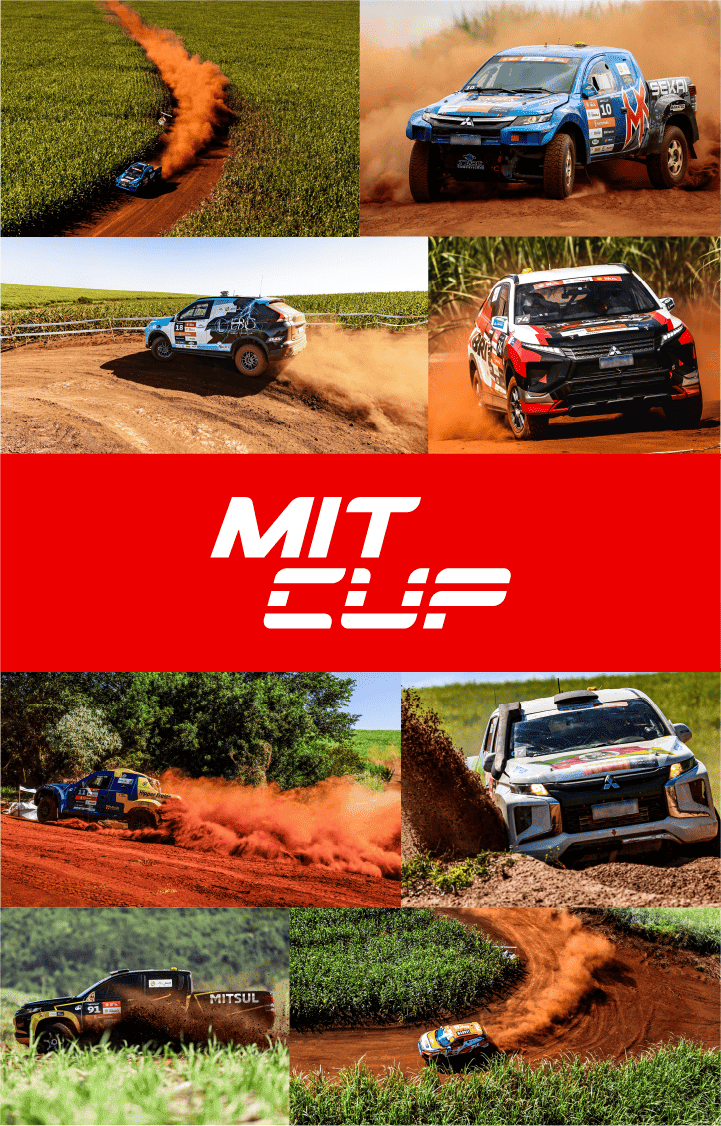 Foto de um veículo Mitsubishi em uma estrada de terra participando da MIT Cup e no centro da imagem temos escrito em branco MIT CUP